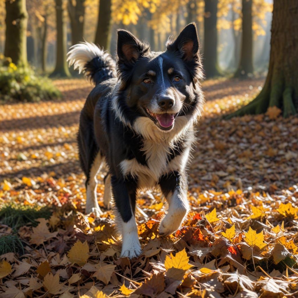Happy Scruffy Dog Plays in Autumn Leaves