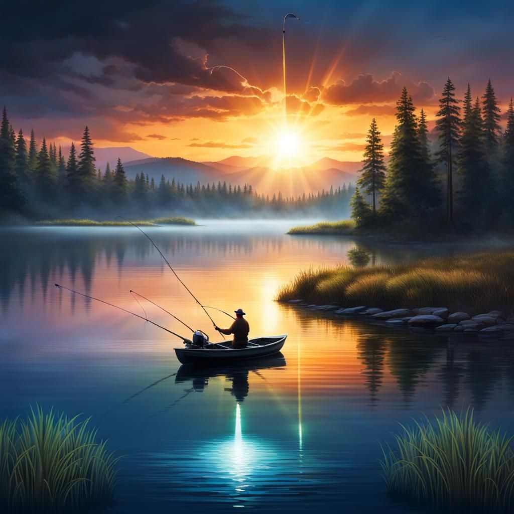 Serene Lake Scene with Angler in the Moment of Reel