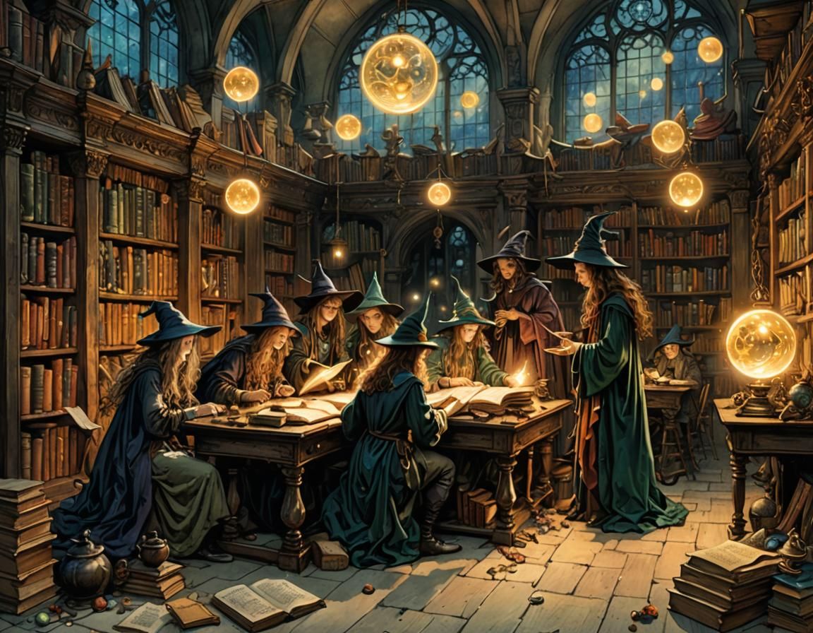 Magical Academy: Young Wizards Practicing Spells
