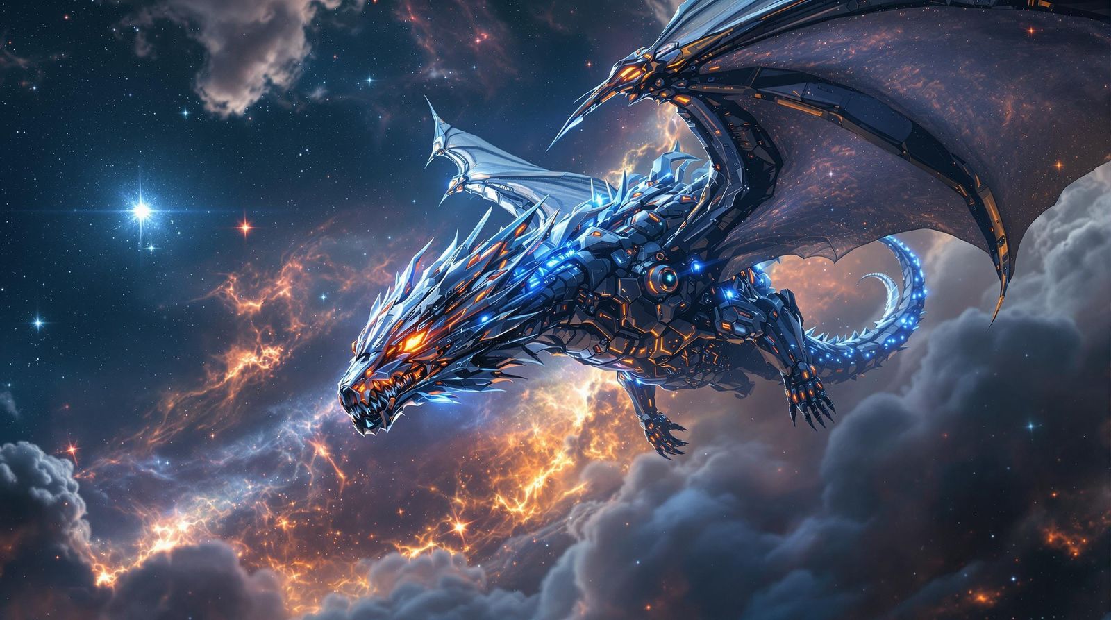 Cybernetic Dragon Soars Through Cosmic Nebula