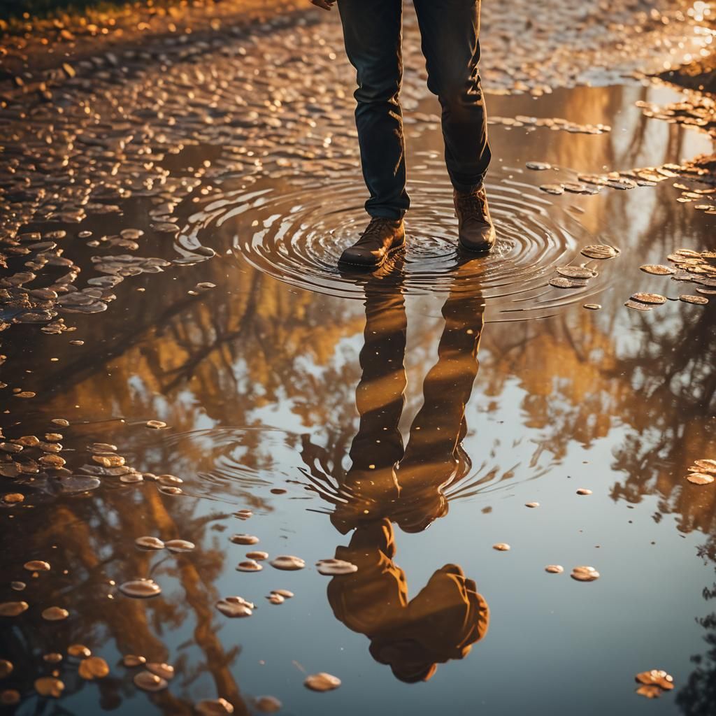 Dreamy Portrait Reflected in Rippling Puddle