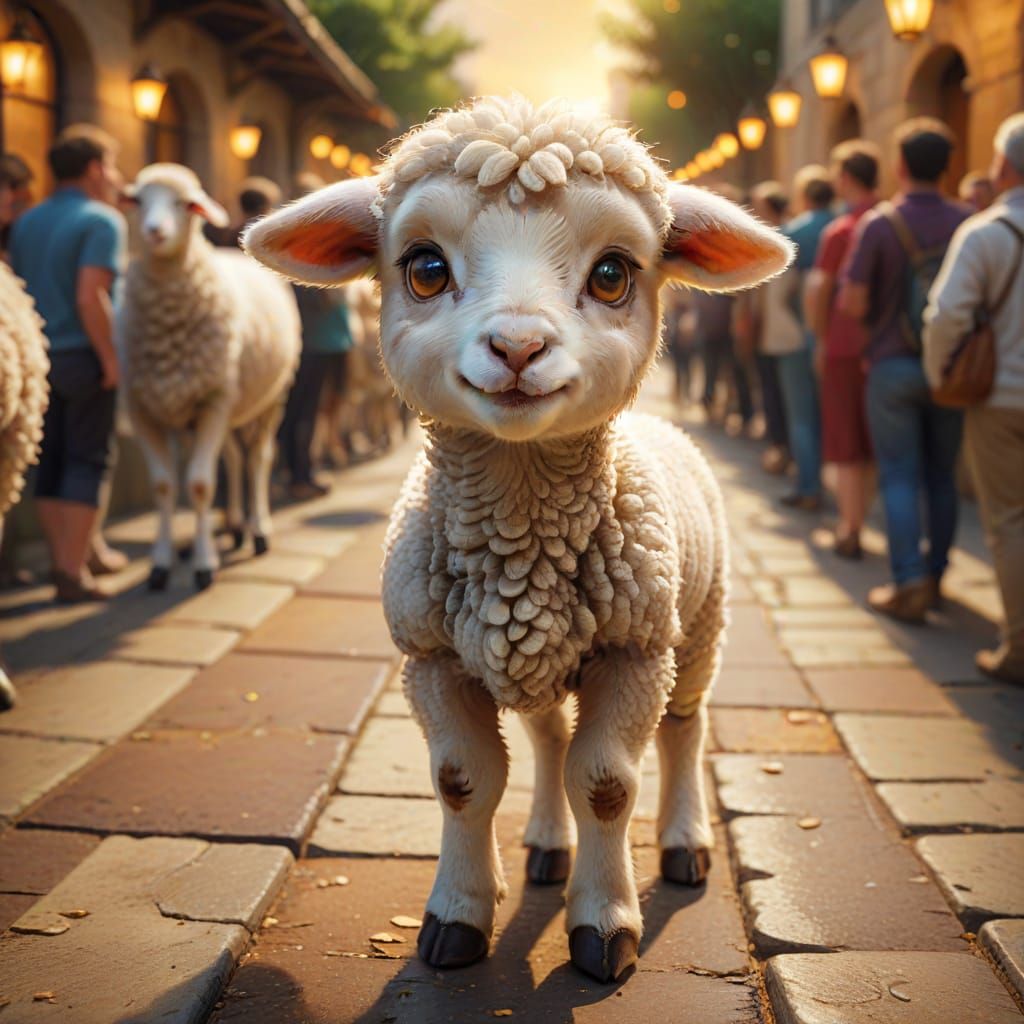 Lamb in Busy Walkway: Vibrant Digital Concept Art