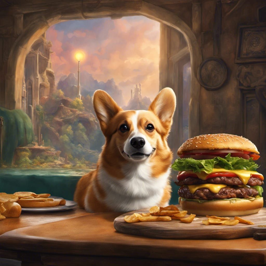 Corgi's Cheeseburger Dream: A Detailed Matte Painting