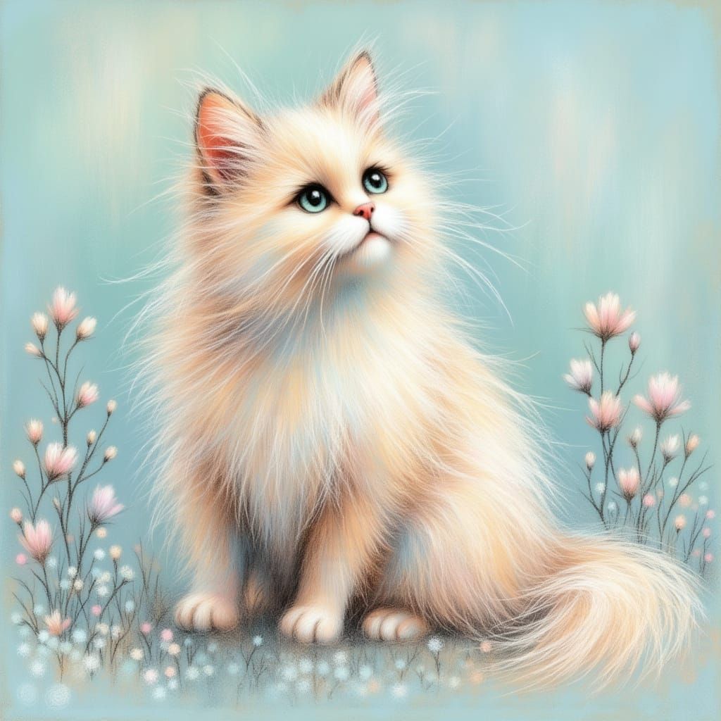 Persian Cat with Flowers in Delicate Digital Art Style