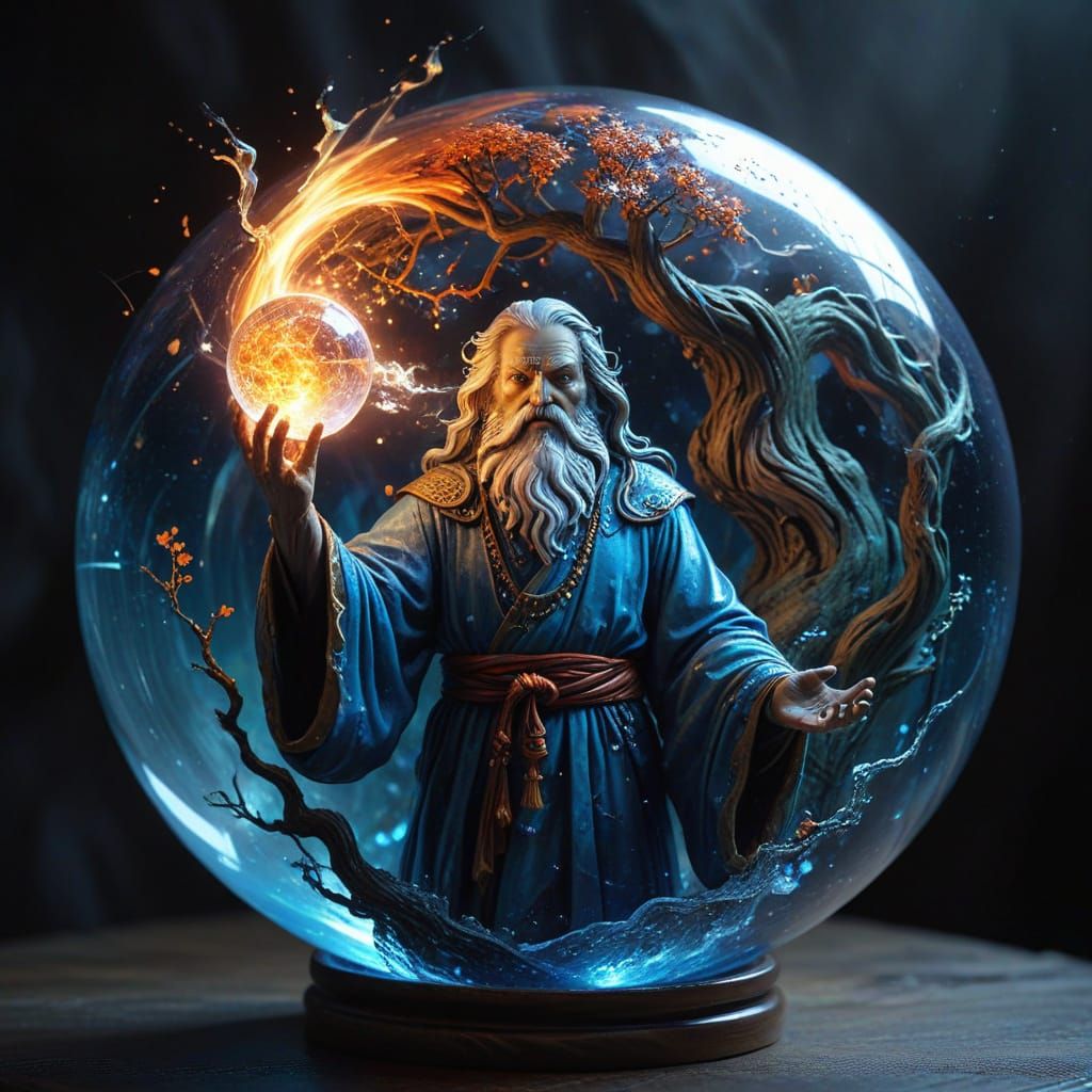 Ancient Sorcerer with Elements in Harmony