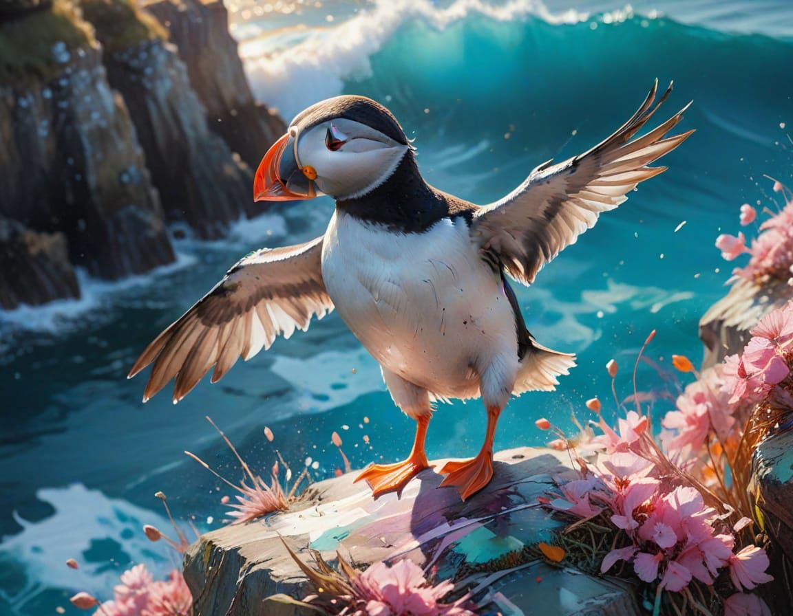 Puffin on Cornish Cliffs: Neo-Impressionist Oil Painting