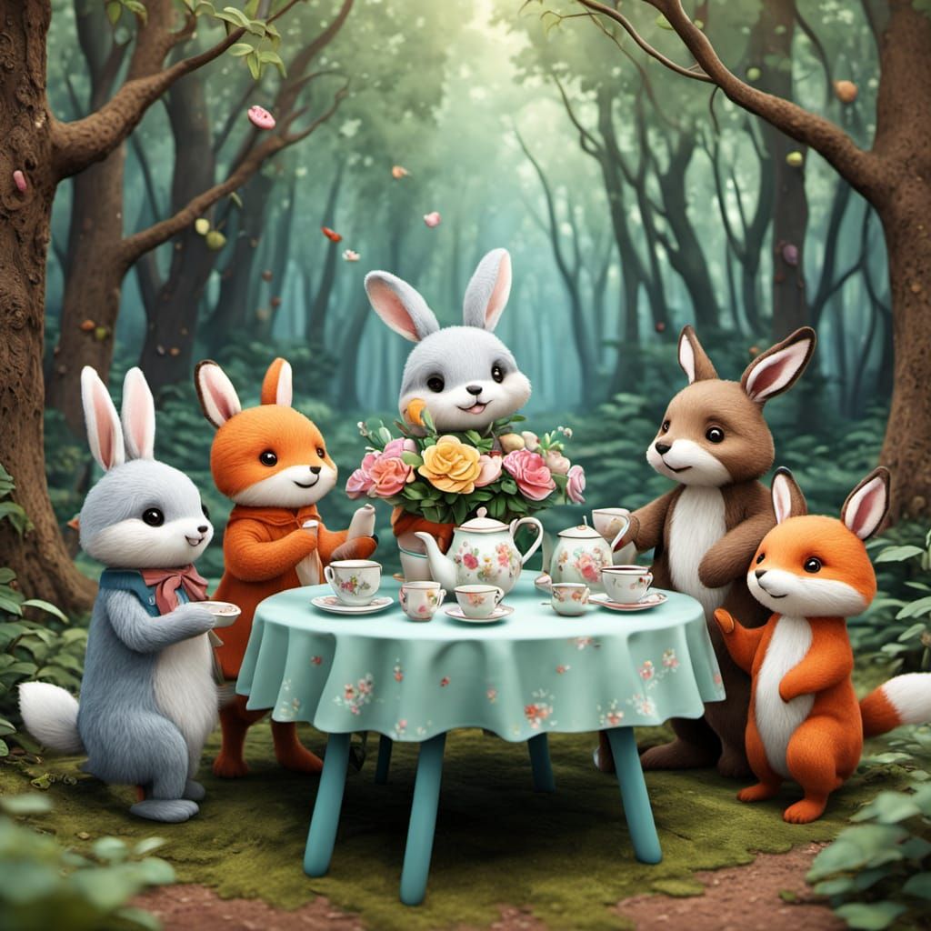 Cartoon Animals Tea Party in Whimsical Forest: Kawaii Style