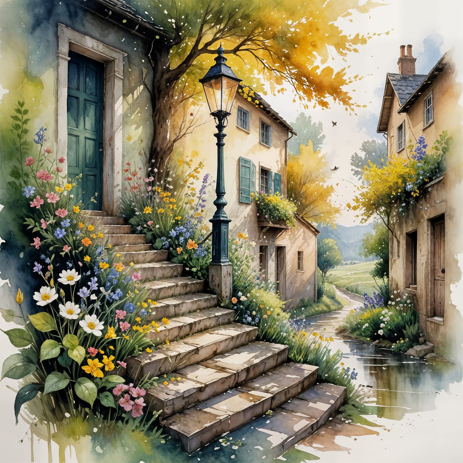 Rural Hamlet in Spring, Expressive Watercolor Painting