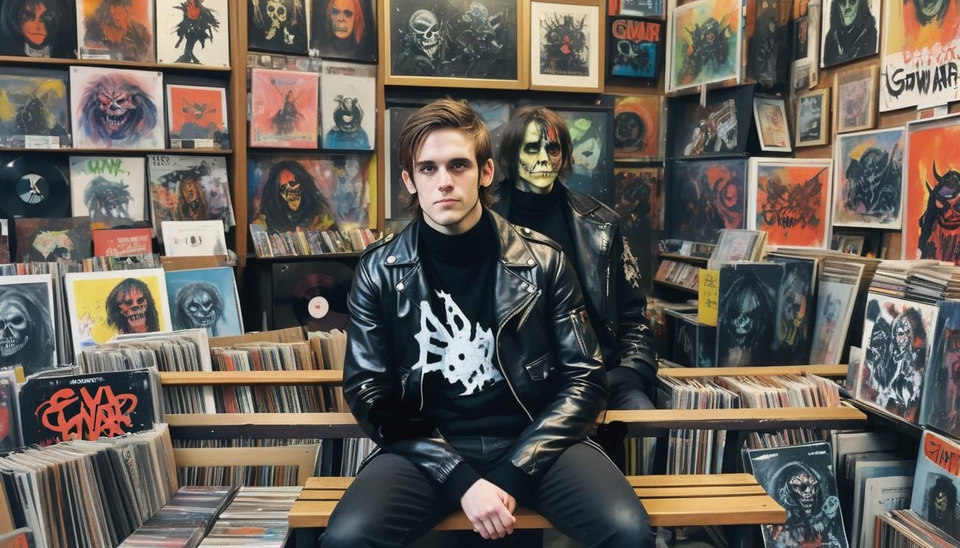 Record Store Scene in Abstract Expressionist Watercolor