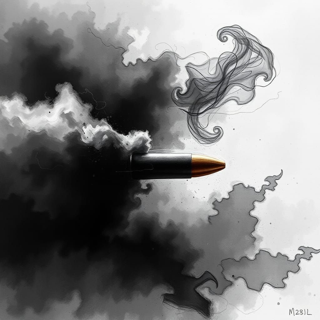 Hyperrealistic Bullet in Eerie Monochrome Landscape