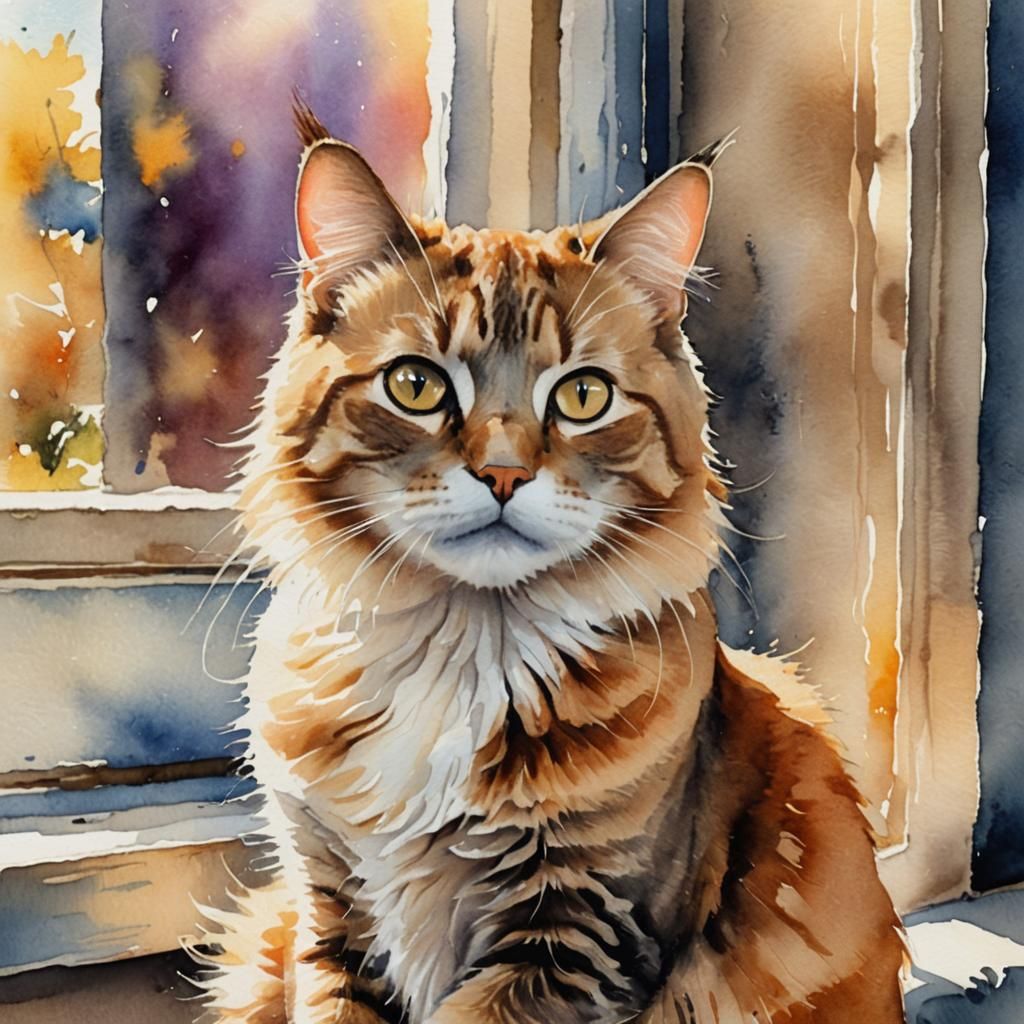 Whimsical Watercolor Cat Portrait on Windowsill