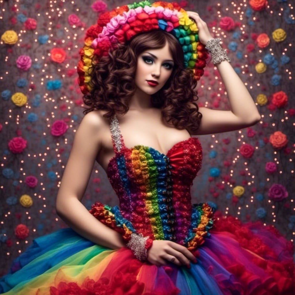 Brunette in Rainbow Dress with Rococo Horrorcore Style