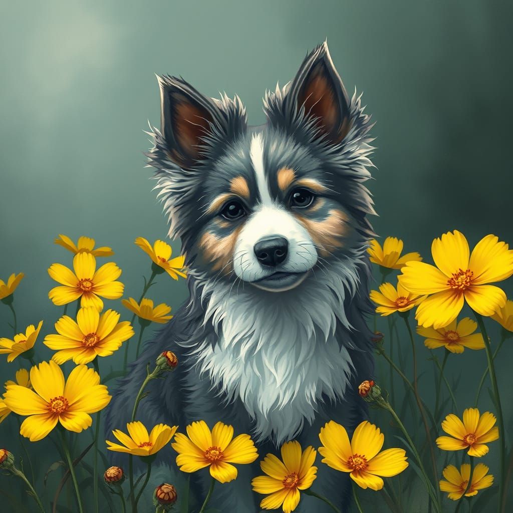 An enchanting digital art illustration of a fluffy dog with ...
