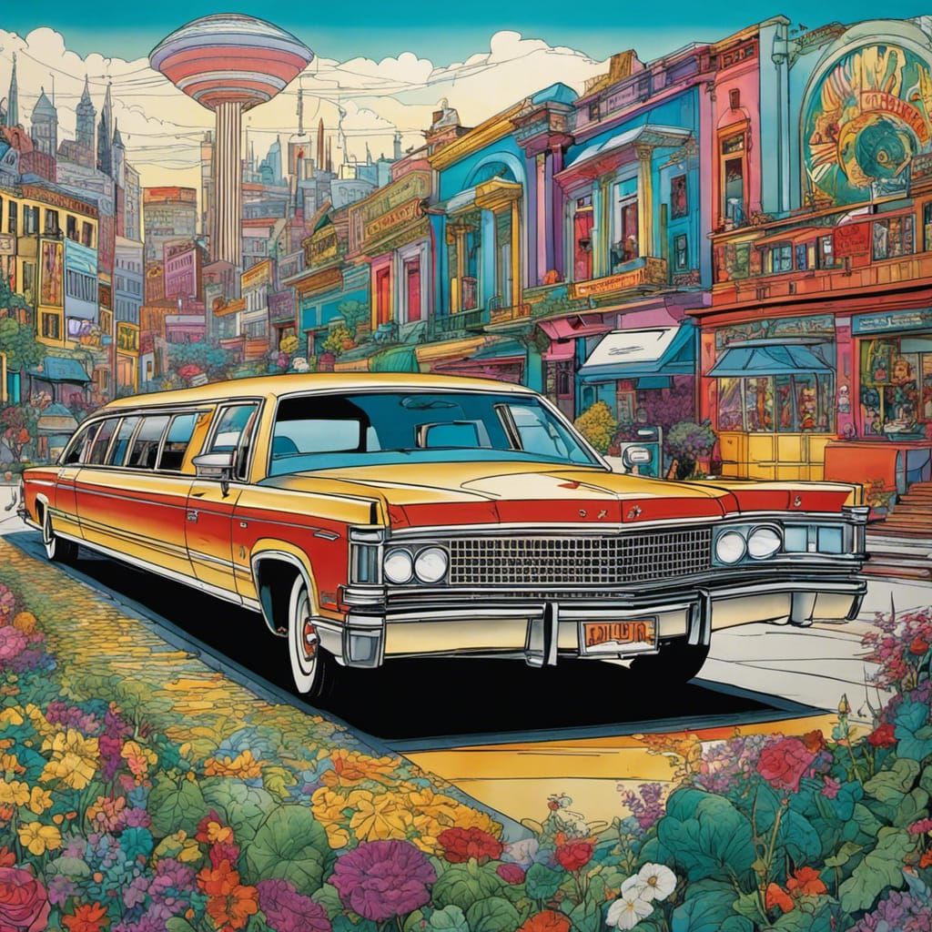 The American Dream: A Long Limousine in Graphic Novel Style