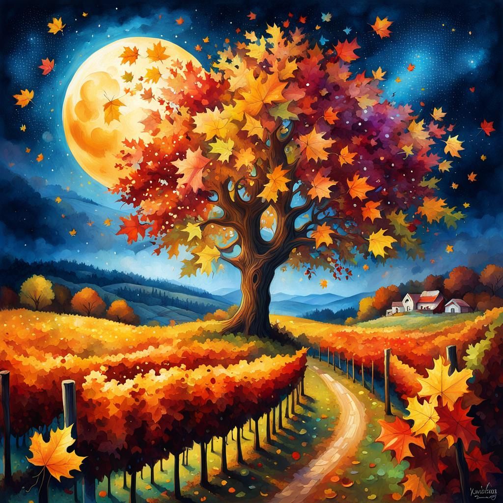 Autumn Vineyard Under a Starry Sky