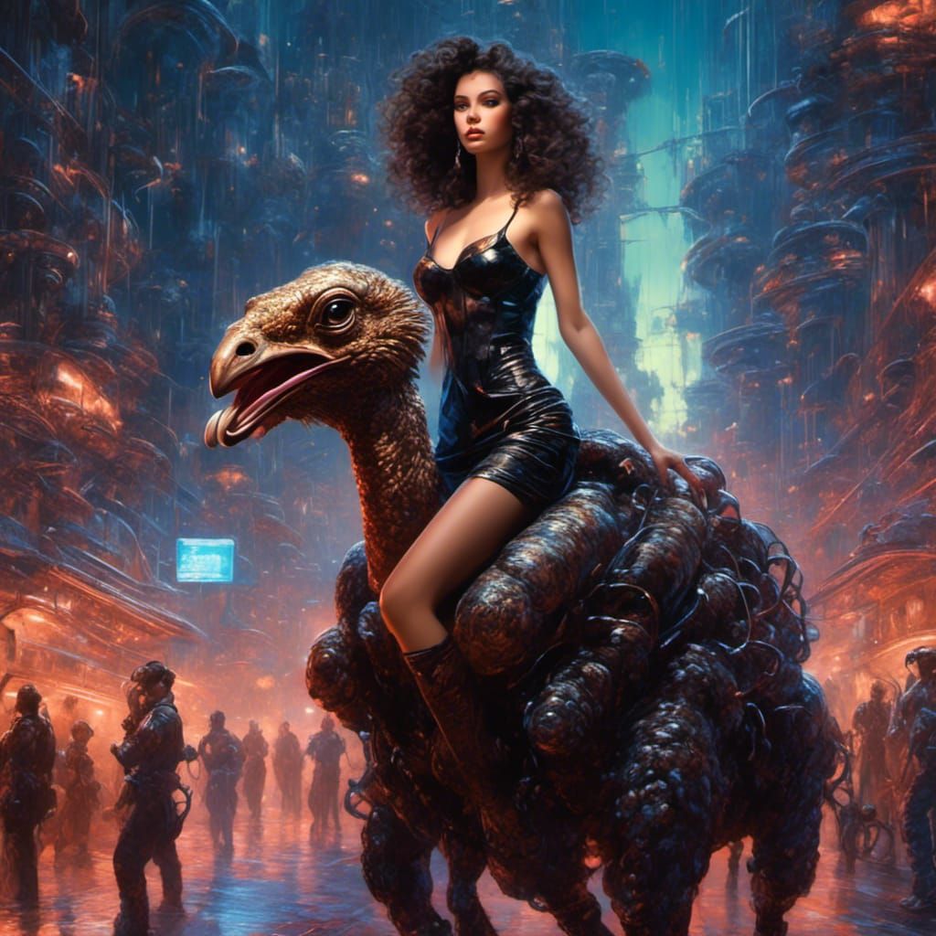 Brunette Rides Alien Ostrich Through Futuristic City