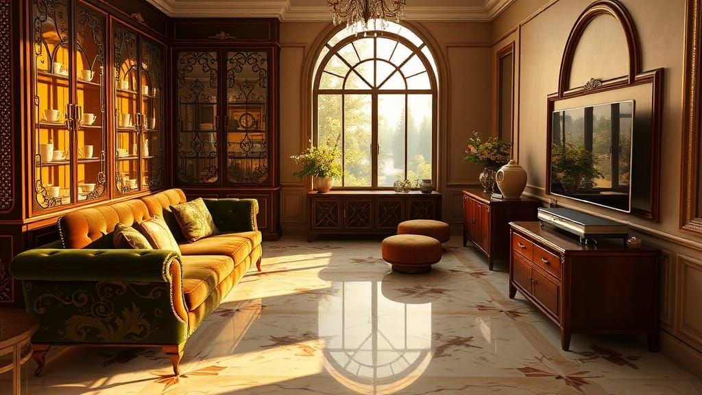 Luxurious Coffee Lounge with Velvet Sofa and Antique Cups