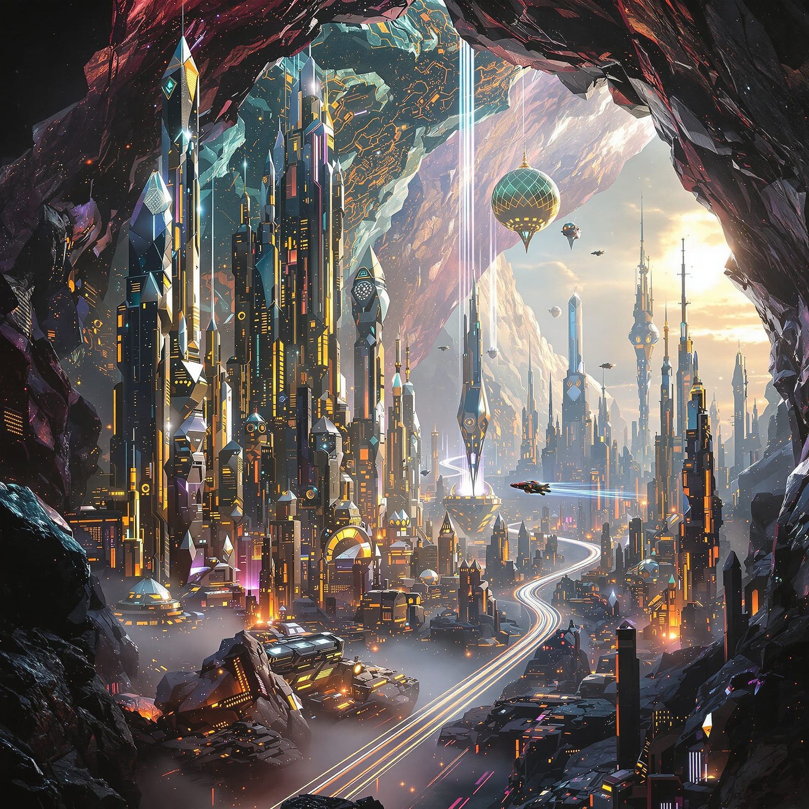 Cyberpunk Cityscape Inside Crystalline Geode