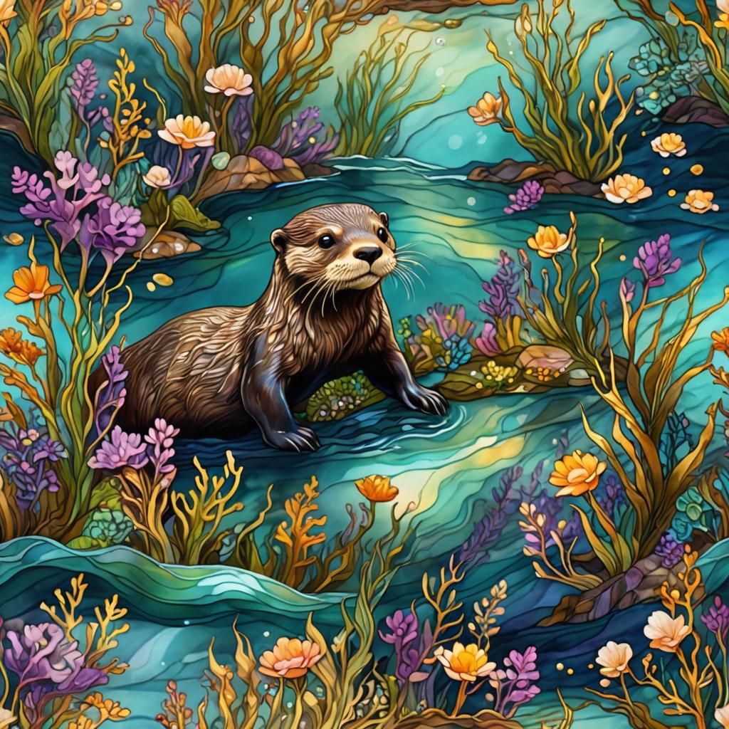 Whimsical Otter Swimming in a Magical Sea