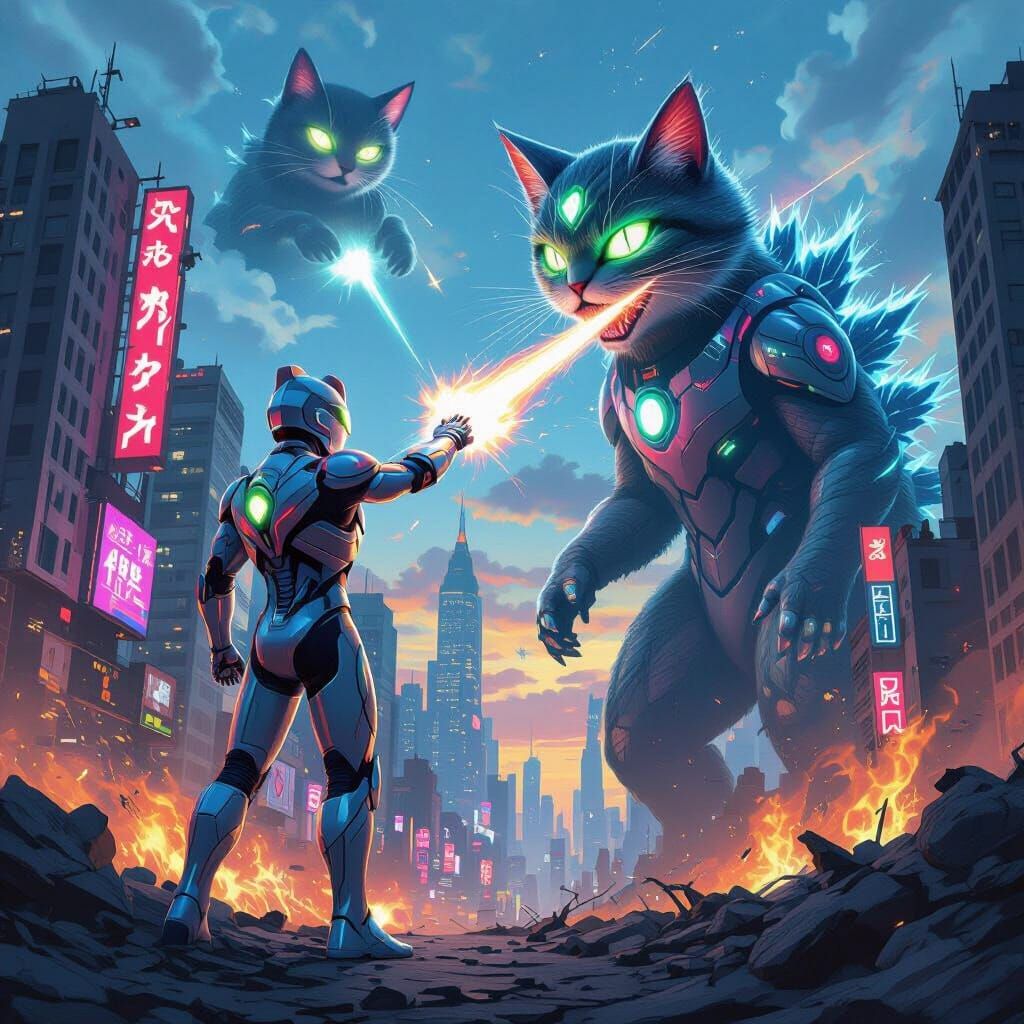 Ultraman Fights Kaiju Cats in Cyberpunk Cityscape