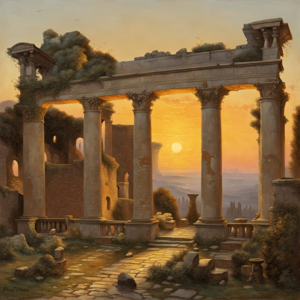 Golden Twilight Amidst Ancient Roman Ruins