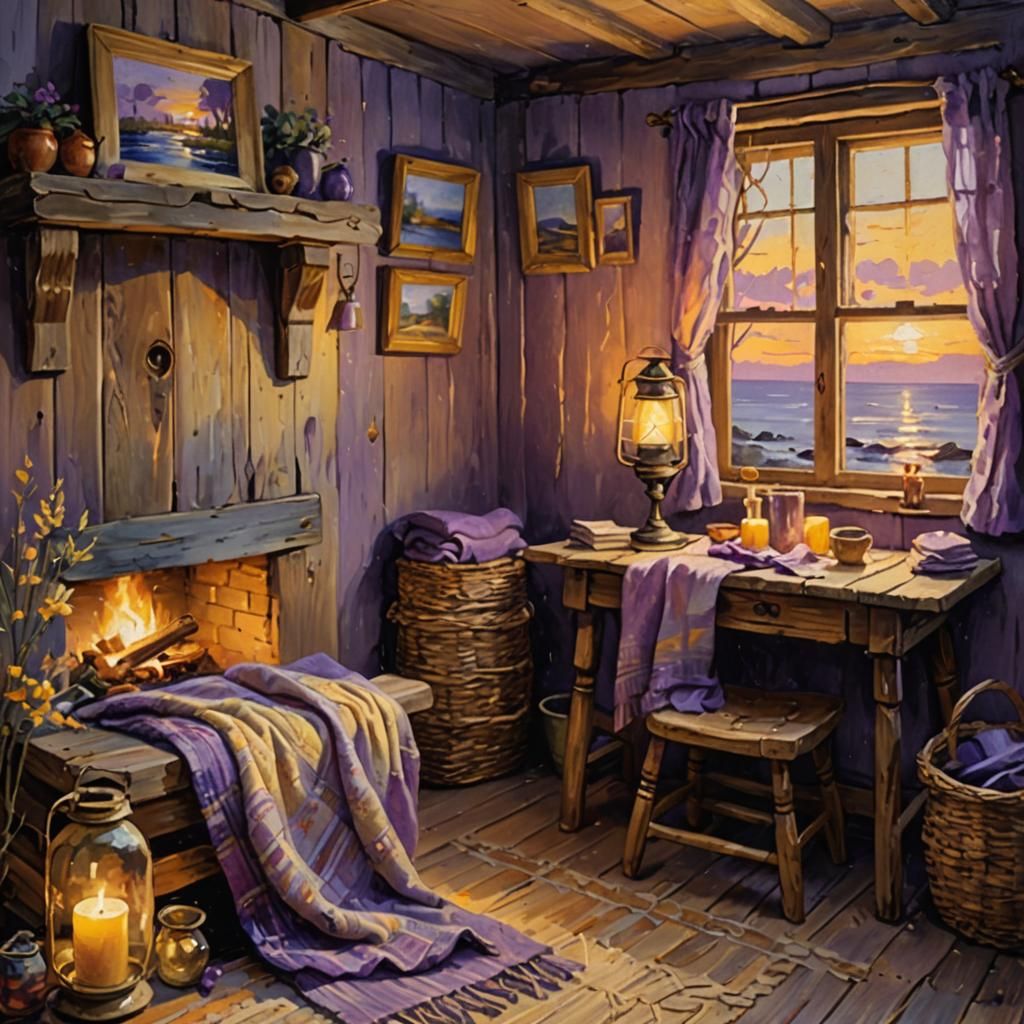 Impressionist Cabin Interior with Candlelight