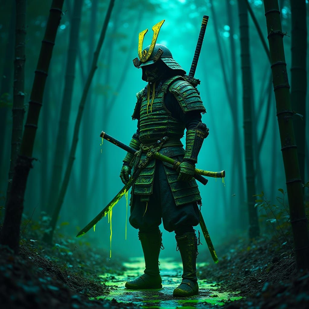Bioluminescent Samurai in Scarred Bamboo Forest