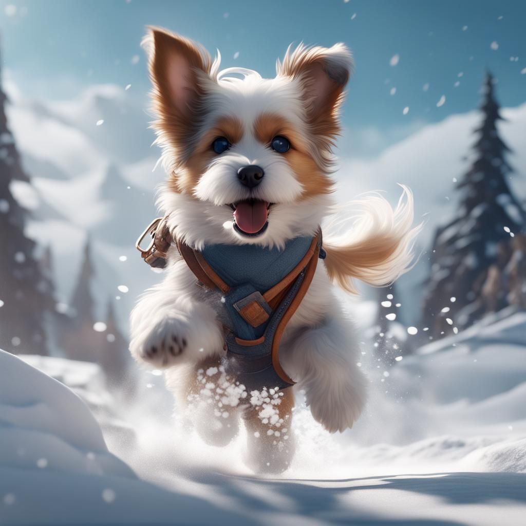 Cute Baby and Dog Playing in Snowy Landscape