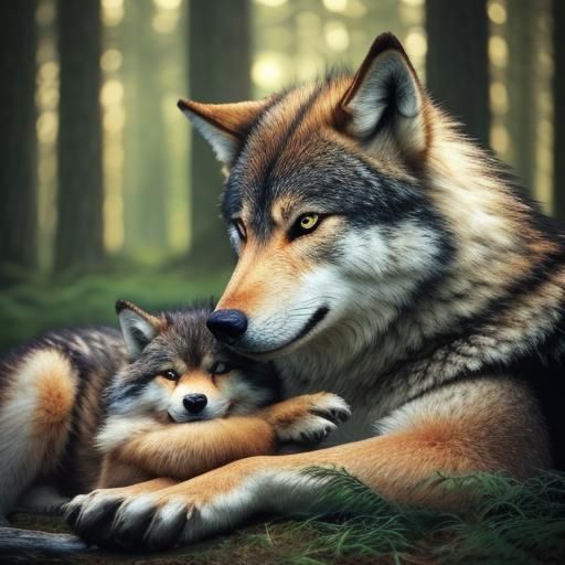 Elegant Woman Petting Majestic Fire Wolf in Fir Forest