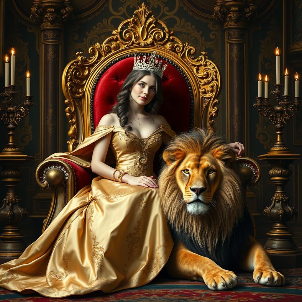 Regal Princess and Majestic Lion on Velvet Throne