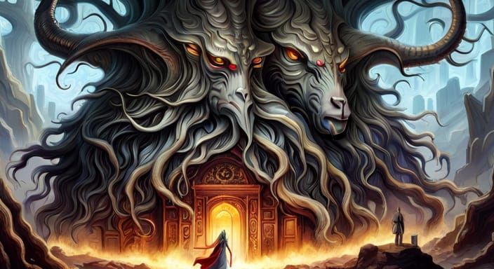 Hyperrealistic Black Goat and Monstrous Trees