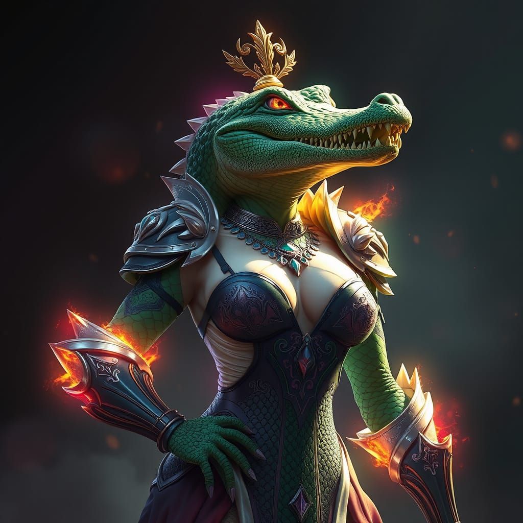 Crocodile Woman Warrior in Heroic Fantasy Style