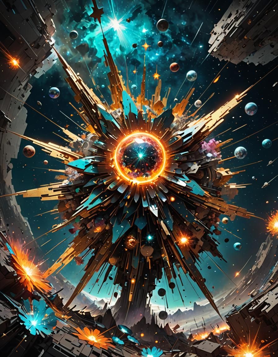 Cosmic Explosion with Shattered Stars, 3D Render