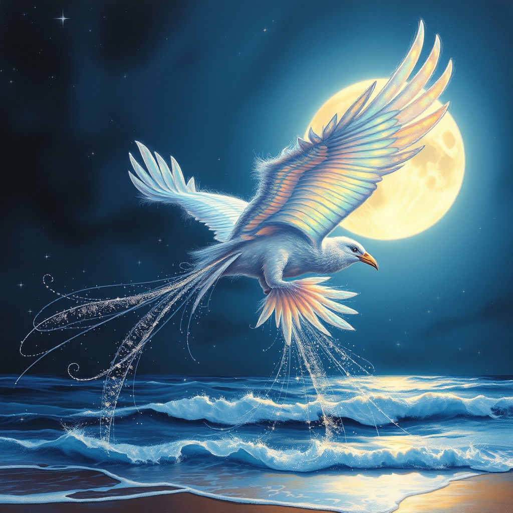 Ethereal Bird Soars Over Glowing Ocean in Dreamy, Surreal St...