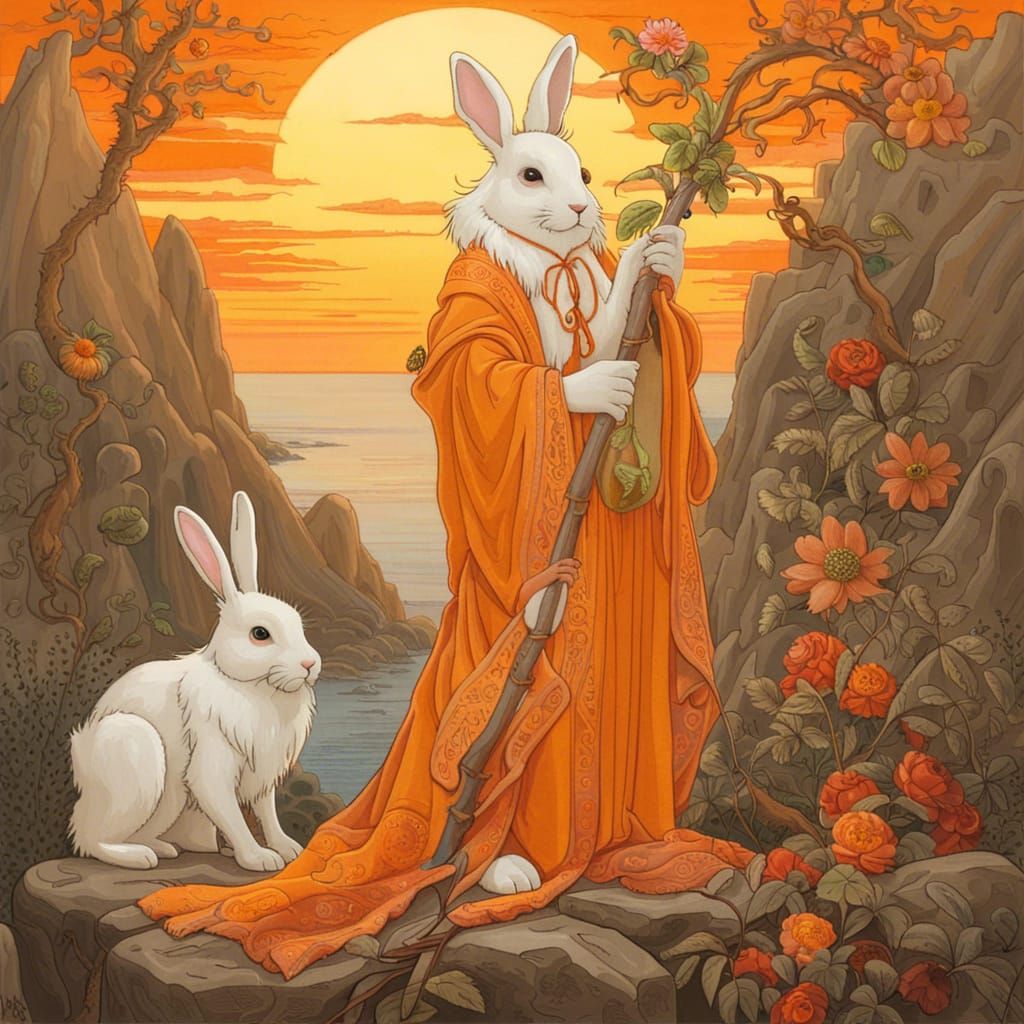 Rabbitfolk Druid at Sunrise in Fantasy Art Style
