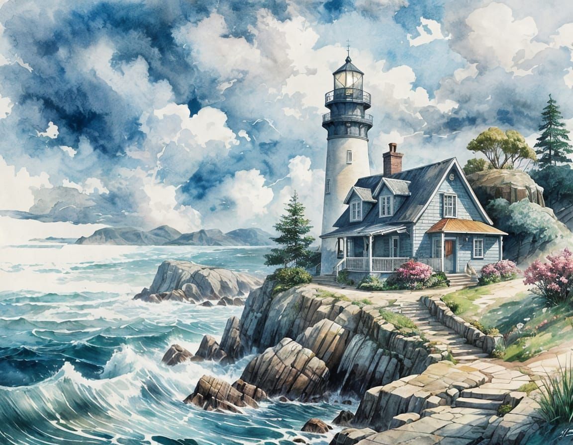 Charming Coastal Cottage with Lighthouse in Watercolor