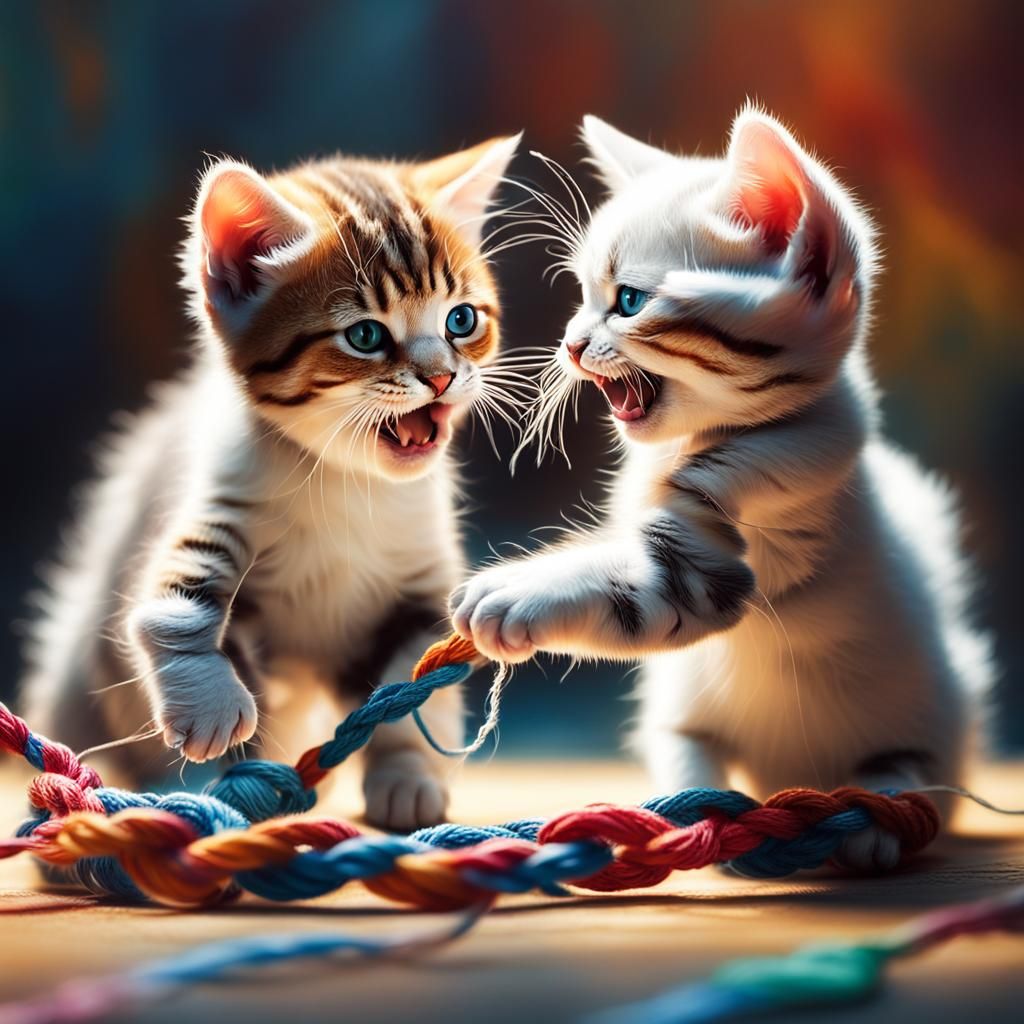 Kittens Play Tug of War: Hyperrealistic Splash Art