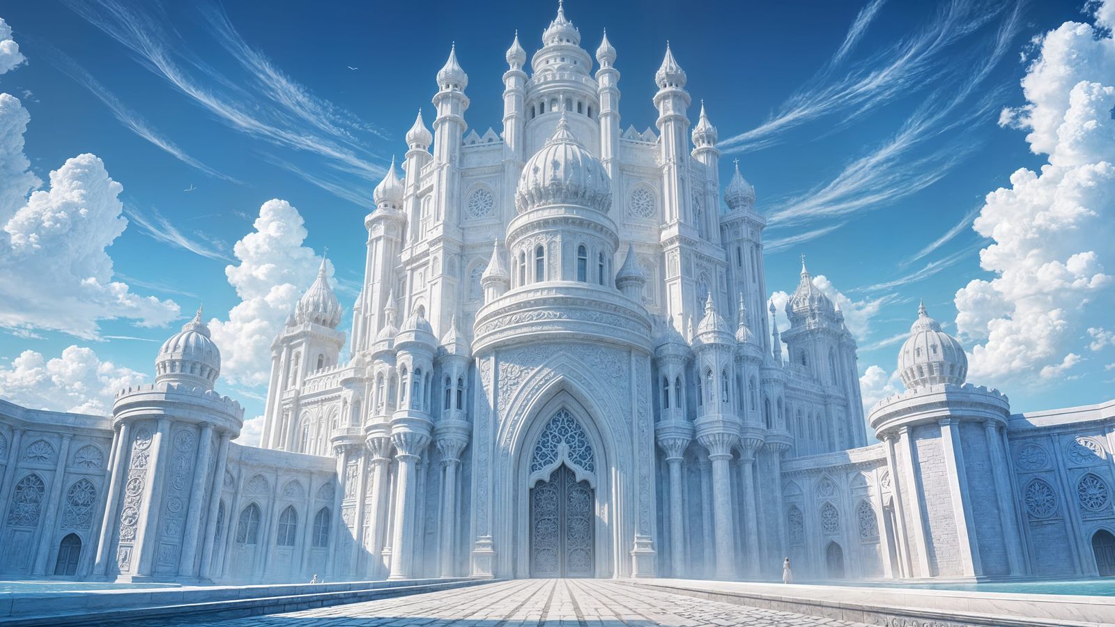 Ethereal White Castle Rises Amidst Paradiso's Pristine Skies