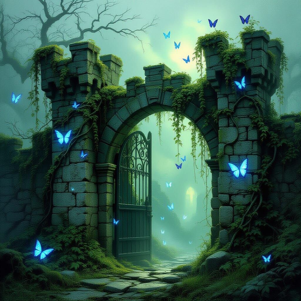 Ancient Castle Gate Guarded by Spectral Butterflies