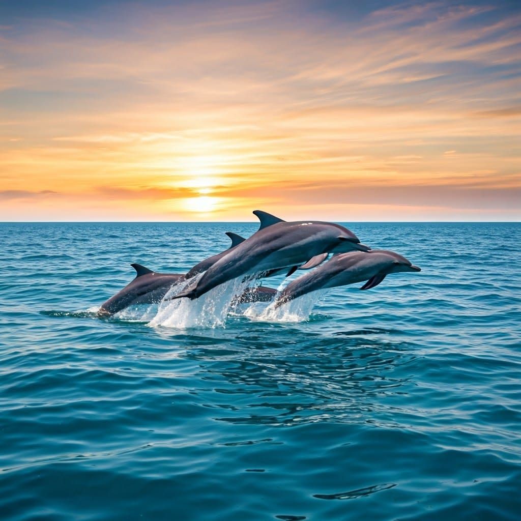 Dolphins Leaping at Sunset in Photorealistic Style