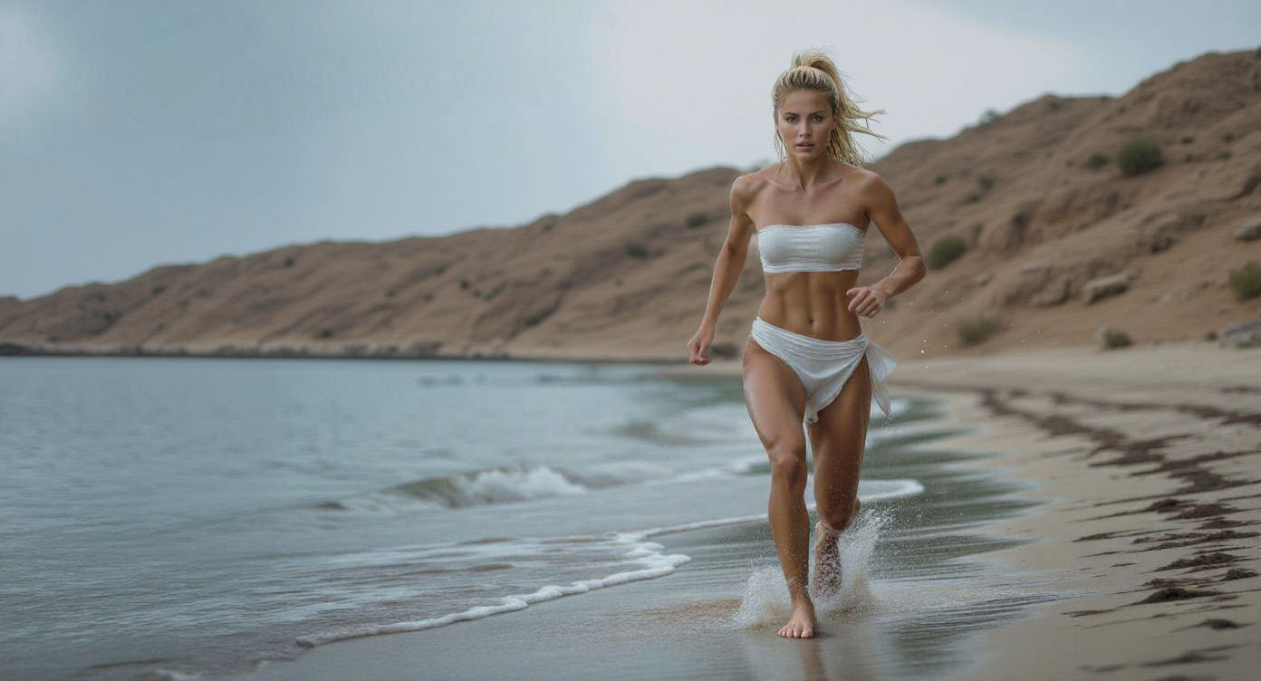 Woman Runs Barefoot on Lake Shore After Swimming