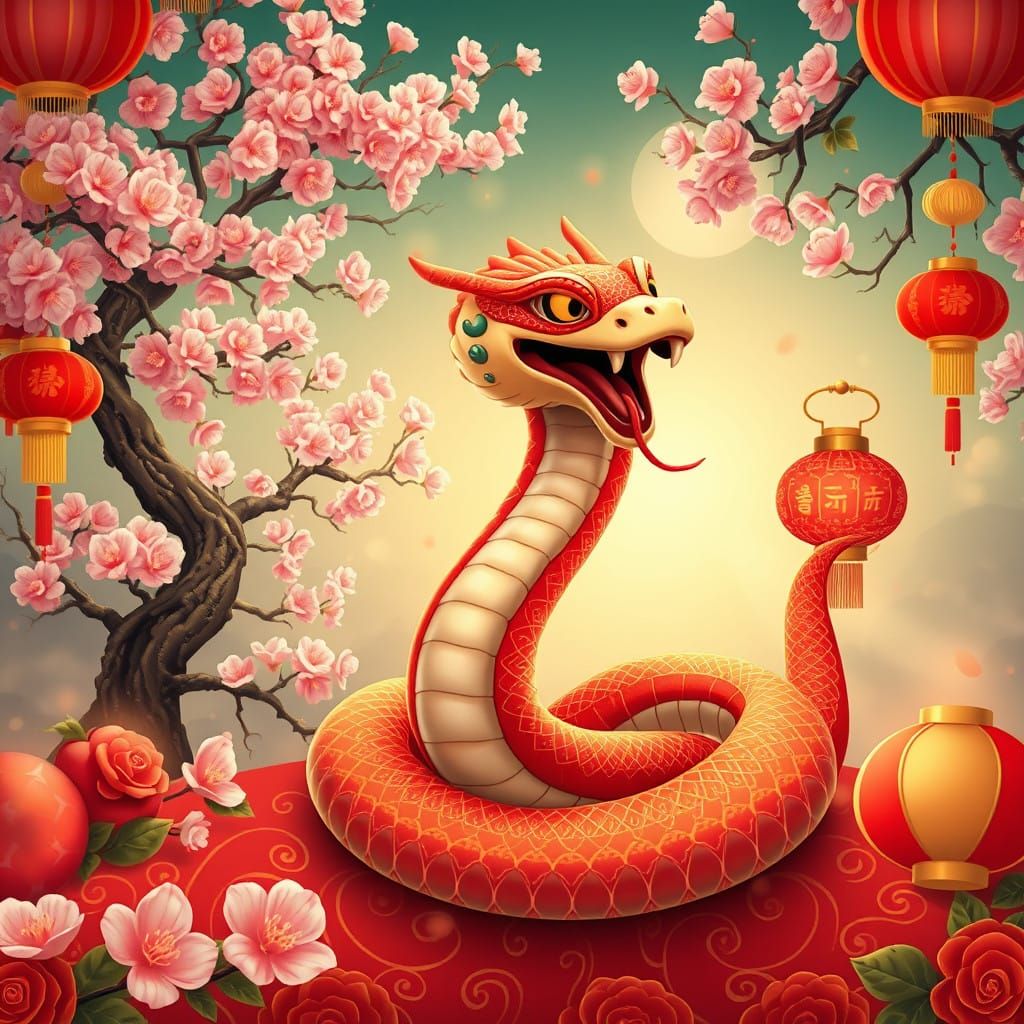 Lunar New Year Scene with Elegant Snake Mascot in Cherry Blo...