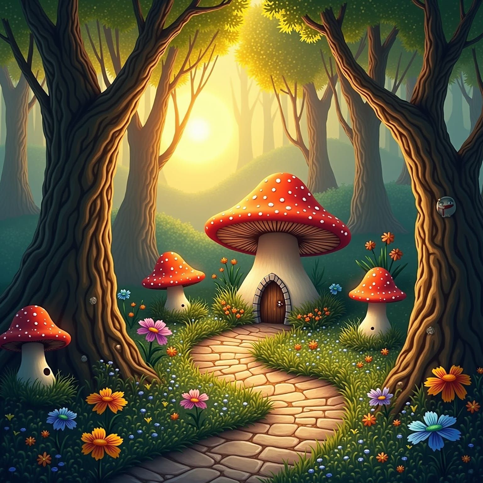 Enchanting Fairy Village in Forest at Sunset