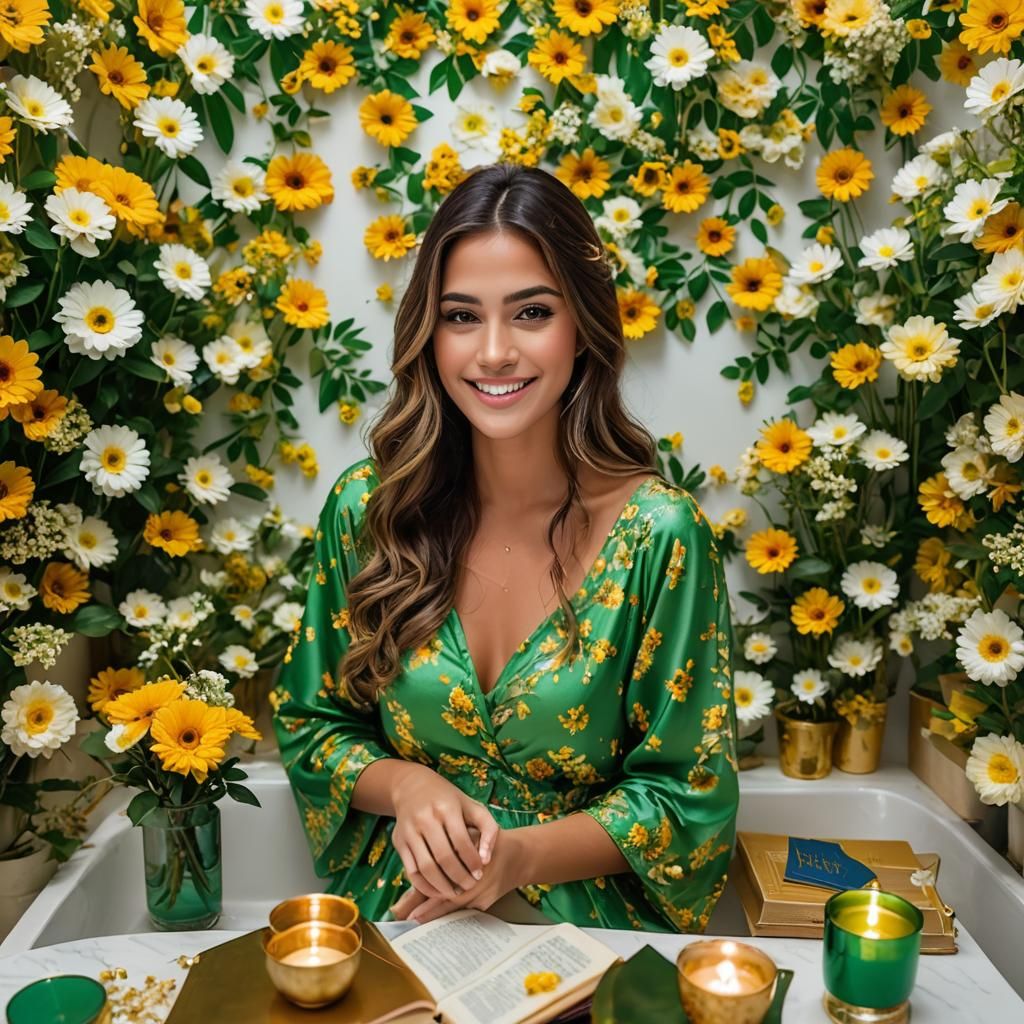 Woman Reading in Golden Floral Bathtub