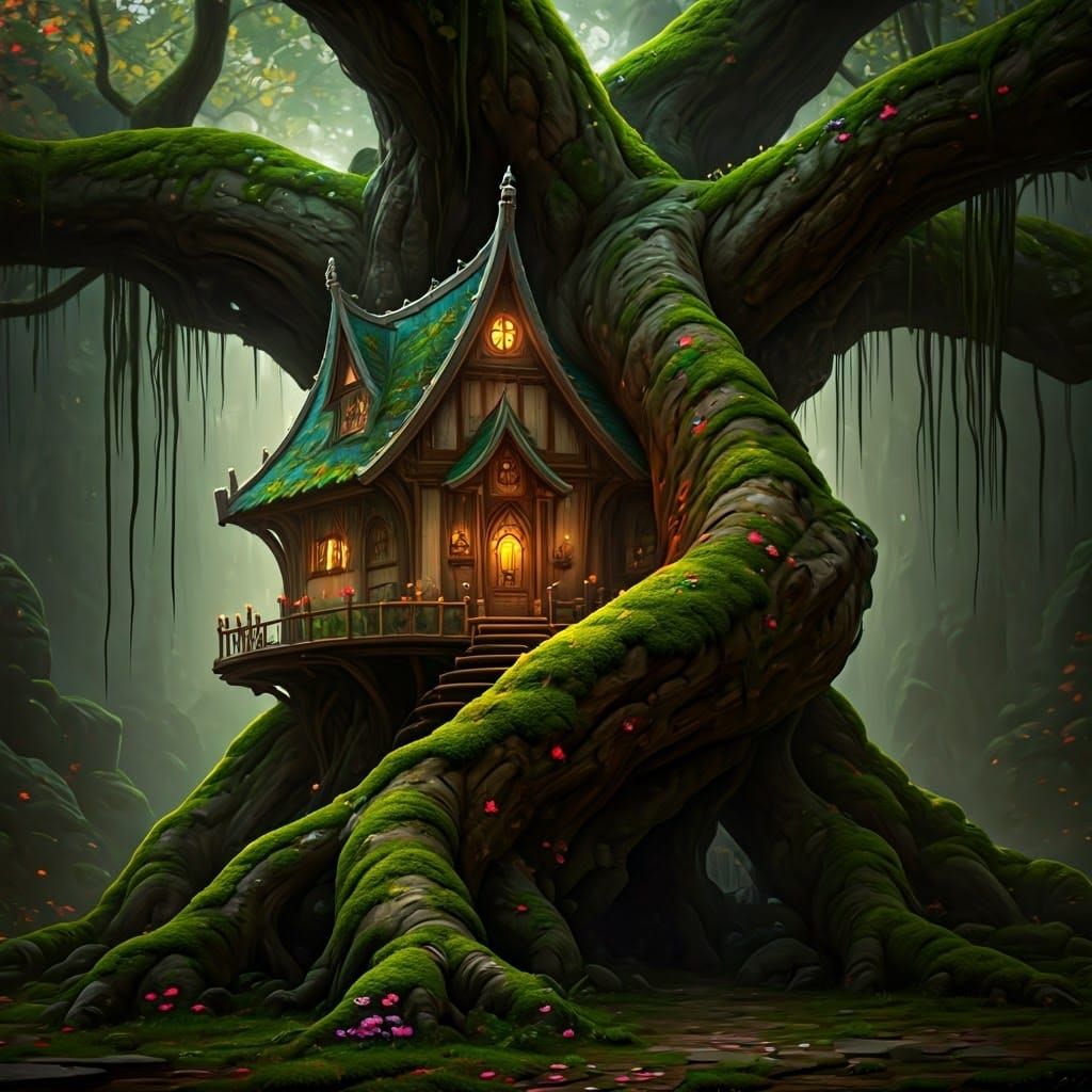 Enchanting Fairy House in Tree with Flower Garlands