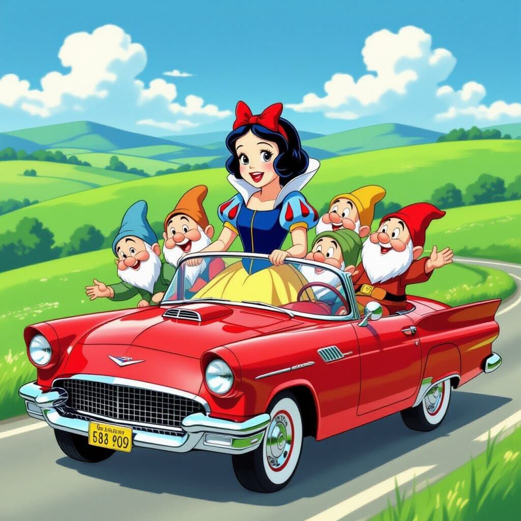 Snow White and Dwarfs Joyfully Ride Vintage Car