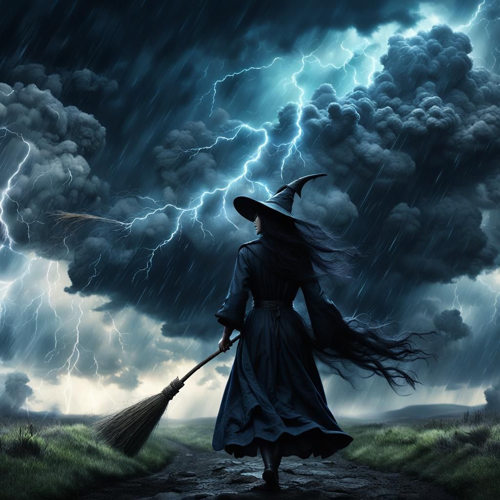 Mystical Stormy Landscape with Witch on Broomstick in Cinema...