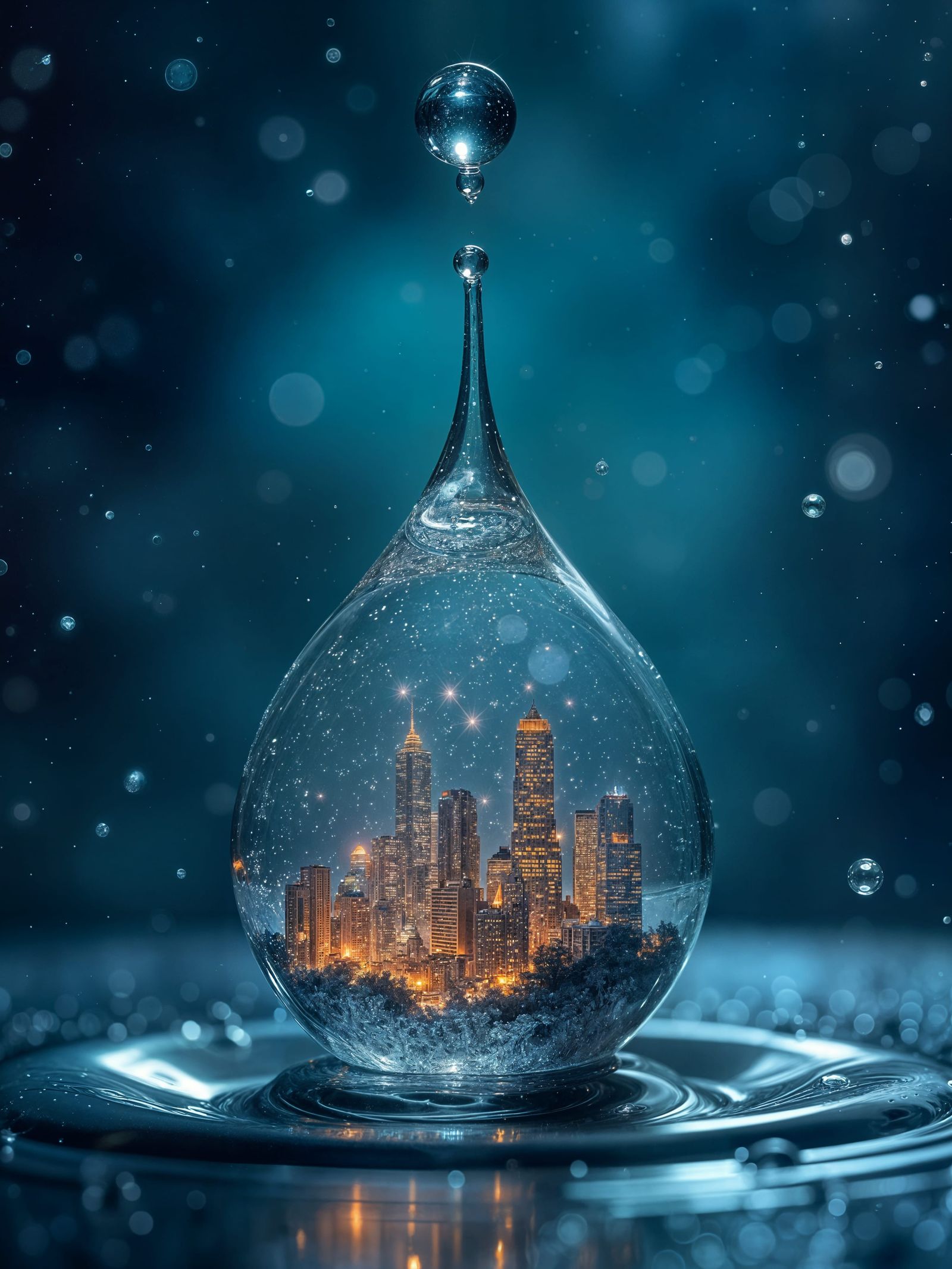 Miniature City Inside Water Drop Macro Shot