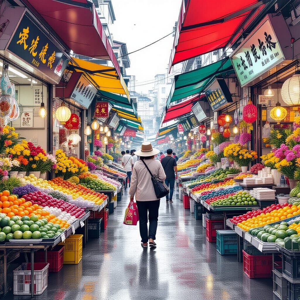 Vibrant Wet Market Scene with Bustling Vendor