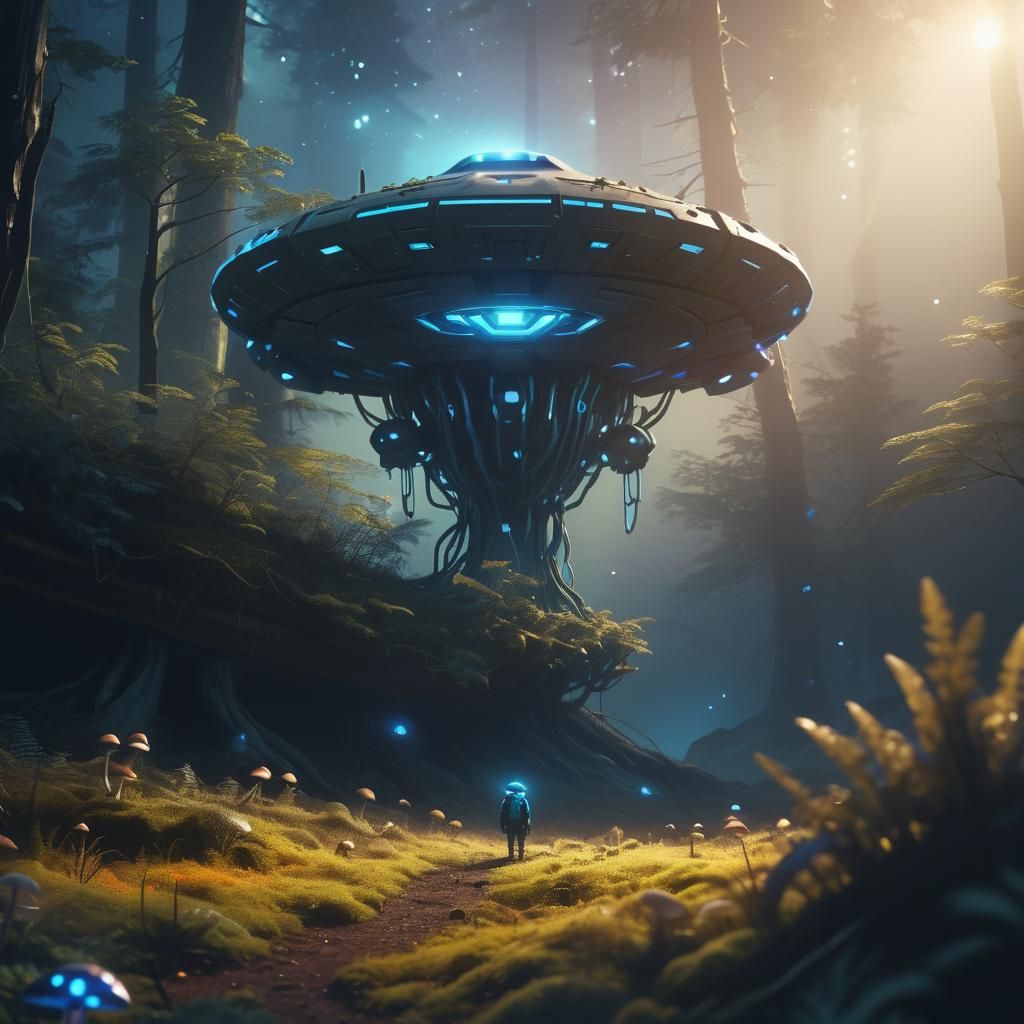 Glowing UFO Encounter in Neon Lit Forest
